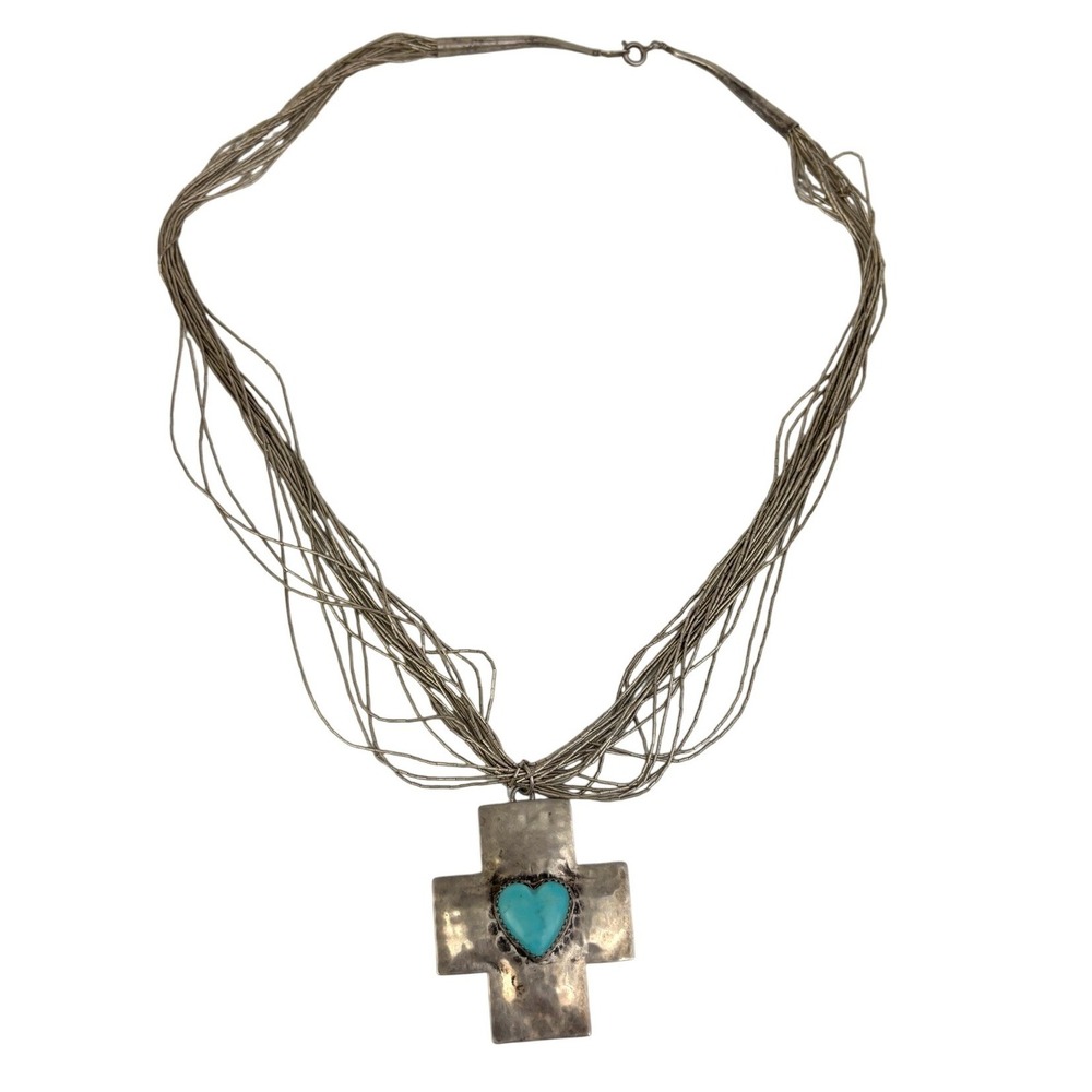 Vintage Sterling Liquid Silver Heishi Bead Necklace Turquoise Heart Cross‎ 32g